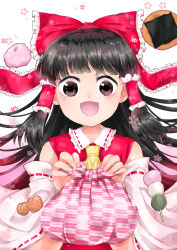  1girl absurdres bag bare_shoulders black_eyes black_hair blunt_bangs bow cherry_blossom_print cherry_blossoms collared_vest commentary_request dango detached_sleeves diao_ye_zong eyelashes fingernails floral_print flower food food_request frilled_bow frilled_hair_tubes frills hair_bow hair_tubes hakurei_reimu happy highres holding holding_bag kanonari light_blush long_hair long_sleeves looking_at_viewer open_mouth pink_background pink_flower red_bow red_vest ribbon-trimmed_sleeves ribbon_trim sanshoku_dango simple_background smile solo straight-on touhou two-tone_background upper_body vest wagashi white_background white_sleeves wide_sleeves 
