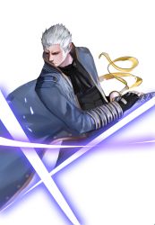  1boy ascot bad_id bad_pixiv_id black_ascot black_gloves black_shirt blue_coat coat devil_may_cry devil_may_cry_(series) devil_may_cry_3 dokomon fingerless_gloves gloves glowing grey_hair highres holding holding_sword holding_weapon katana looking_away looking_to_the_side male_focus open_clothes open_coat ribbon shirt solo sword virgil weapon white_background yellow_ribbon 