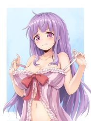  1girl babydoll blue_background blush breasts cleavage highres long_hair looking_at_viewer md5_mismatch midriff navel no_headwear off_shoulder oukatihiro panties patchouli_knowledge purple_eyes purple_hair resized resolution_mismatch ribbon simple_background sleeveless solo source_larger striped touhou underwear upper_body  rating:Sensitive score:19 user:danbooru