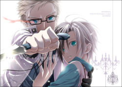  2boys aqua_eyes bad_id bad_pixiv_id black-framed_eyewear black_hair bloom blue_eyes border brothers brown_hair chandelier character_name chocoyou colored_tips copyright_name cover glasses glint gloves grey_hair hand_on_another&#039;s_chest julius_will_kresnik ludger_will_kresnik male_focus multicolored_hair multiple_boys protecting reverse_grip siblings single_glove tales_of_(series) tales_of_xillia tales_of_xillia_2 two-tone_hair 