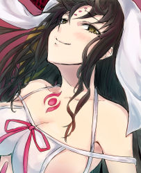  10s 1girl armpits bad_id bad_pixiv_id bare_shoulders black_hair blush breasts brown_eyes cleavage closed_mouth collarbone facial_mark fate/extra fate/extra_ccc fate_(series) forehead_mark highres horns large_breasts long_hair looking_at_viewer pink_ribbon ribbon sataking sessyoin_kiara smile solo upper_body veil wavy_hair  rating:Sensitive score:14 user:danbooru