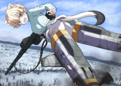  1girl animal_ears ass blonde_hair blue_eyes blue_sweater blush brave_witches breasts flying gun highres holding holding_weapon large_breasts nikka_edvardine_katajainen open_mouth outdoors pantyhose pantylines rifle shionic_zm short_hair sky solo striker_unit sweater tail torn_clothes torn_pantyhose wavy_mouth weapon weasel_ears weasel_tail white_pantyhose world_witches_series 