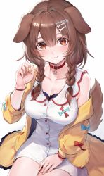  1girl animal_ears blush breasts brown_eyes brown_hair choker cleavage collarbone commentary_request cowboy_shot dog_ears dog_girl hair_between_eyes highres hololive inugami_korone inugami_korone_(1st_costume) large_breasts looking_at_viewer simple_background smile solo virtual_youtuber watao white_background  rating:Sensitive score:36 user:danbooru