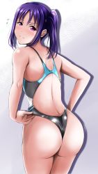  1girl adjusting_clothes adjusting_swimsuit ass back black_one-piece_swimsuit blush competition_school_swimsuit competition_swimsuit from_behind highres kazuno_sarah kujira_katsu_(ztmy5535) long_hair looking_back love_live! love_live!_sunshine!! one-piece_swimsuit purple_eyes purple_hair school_swimsuit shiny_clothes side_ponytail solo standing swimsuit 
