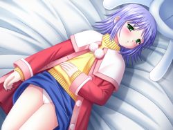  1girl bed blush breasts copyright_request green_eyes lying on_back panties purple_hair small_breasts solo underwear white_panties  rating:Explicit score:4 user:brainstemcells