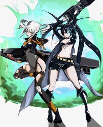  2girls absurdres black_bodysuit black_hair black_jacket black_rock_shooter black_rock_shooter_(character) black_shorts blue_eyes bodysuit breasts commentary covered_navel cropped_jacket crossover drill_hair english_commentary flaming_eye grey_bodysuit grey_hair hair_between_eyes highres holding_cannon huge_weapon impossible_bodysuit impossible_clothes jacket karenina:_ember_(machina)_(punishing:_gray_raven) karenina_(punishing:_gray_raven) long_hair mechanical_arms mechanical_legs medium_breasts mu_mi multiple_girls navel open_clothes open_jacket orange_bodysuit orange_eyes pale_skin punishing:_gray_raven shorts sidelocks twin_drills twintails uneven_twintails very_long_hair weapon 