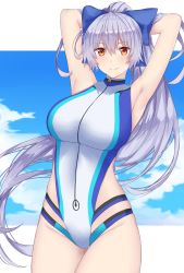  1girl arind_yudha armpits blue_ribbon breasts brown_eyes competition_swimsuit fate/grand_order fate_(series) female_focus front_zipper_swimsuit hair_ornament hair_ribbon highres kanemoto_hisako large_breasts long_hair looking_at_viewer meme_attire one-piece_swimsuit ribbon silver_hair smile solo swimsuit tomoe_gozen_(fate) tomoe_gozen_(swimsuit_saber)_(fate) 