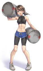  1girl abs bike_shorts black_hair black_shorts blue_shorts blush breasts commission dolphin_shorts drum_(container) fubuki_(kancolle) full_body green_eyes highres holding kantai_collection kokuzou looking_at_viewer medium_hair muscular muscular_female navel one_eye_closed open_mouth shoes short_ponytail shorts simple_background skeb_commission small_breasts smile sneakers solo standing white_background white_footwear 