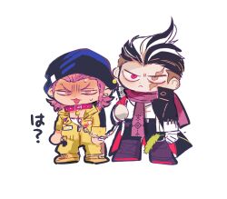  2boys :&lt; animal_collar badge bandaged_hand bandages beanie belt belt_buckle black_belt black_coat black_hair black_hat black_pants boots braid buckle chain chain_leash chibi closed_mouth coat collar collared_coat commentary_request cross_print danganronpa_(series) danganronpa_2:_goodbye_despair frown furrowed_brow green_jumpsuit grey_eyes grey_footwear half-closed_eyes hat heterochromia high_collar holding holding_leash jacket joonoyuki jumpsuit knee_boots layered_sleeves leash light_blush long_sleeves looking_at_viewer male_focus medium_hair multicolored_hair multiple_boys nervous_sweating object_request open_clothes open_coat open_jacket pants partially_unzipped pink_eyes pink_hair pink_scarf red_coat red_eyes scar scar_across_eye scarf shirt shoes sideburns simple_background single_braid socks soda_kazuichi standing streaked_hair studded_collar sweat tanaka_gundham tongue two-sided_coat two-sided_fabric v-shaped_eyebrows white_background white_hair white_jacket white_shirt white_socks yellow_footwear zipper_pull_tab 