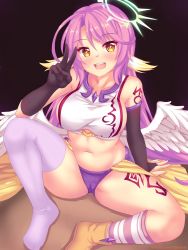 1girl :d angel_wings arm_support asymmetrical_legwear blush breasts bridal_gauntlets commentary spiked_halo crop_top cross english_commentary feathered_wings gloves halo highres jibril_(no_game_no_life) large_breasts long_hair looking_at_viewer low_wings magic_circle midriff mismatched_legwear navel no_game_no_life nottytiffy open_mouth pink_hair purple_eyes shoes sideboob single_shoe sitting smile solo spread_legs symbol-shaped_pupils tattoo teeth v very_long_hair watermark web_address white_wings wing_ears wings yellow_eyes rating:Sensitive score:62 user:danbooru