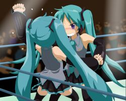  angry blue_hair blue_nails blush clenched_teeth cosplay face-to-face fighting hatsune_miku hatsune_miku_(cosplay) hiiragi_kagami hirondo holding_hands interlocked_fingers lucky_star rope siblings skirt teeth vocaloid wrestling wrestling_ring 