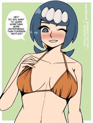  1girl absurdres areola_slip artist_name bikini breasts cleavage creatures_(company) english_text flirting game_freak hand_on_own_hip highres lana&#039;s_mother_(pokemon) large_breasts looking_at_viewer low_ponytail mature_female navel nintendo one_eye_closed orange_bikini parted_lips pokemon pokemon_(anime) pokemon_sm_(anime) solo swimsuit wink 