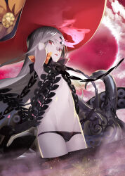  1girl abigail_williams_(fate) armpits black_panties breasts cloud fate/grand_order fate_(series) from_below functionally_nude furisuku grey_hair groin hat legs loli long_hair looking_at_viewer midriff navel no_navel outdoors panties red_eyes small_breasts solo standing thighs underwear 