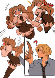  ! 1girl ? absurdres animal_ears animal_hands ass black_necktie black_thighhighs blonde_hair blue_eyes blue_shirt blush breasts brown_hair buttons charlotte_pudding cigarette commentary curly_eyebrows dog_ears dog_girl dog_nose dog_paws dog_tail english_commentary facial_hair flying_sweatdrops frilled_skirt frills full-face_blush hair_over_one_eye highres juliet_sleeves large_breasts long_hair long_sleeves mouth_hold necktie one_piece puffy_sleeves ribbon rita_ya sanji_(one_piece) shirt sketch skirt sweatdrop tail tail_grab thighhighs twintails 