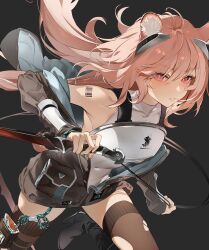 1girl animal_ear_fluff animal_ears arknights armor barcode barcode_tattoo bare_shoulders breastplate bright_pupils earpiece gravel_(arknights) guardless_sword highres holding holding_sword holding_weapon kingdom_of_kazimierz_logo leotard long_hair partial_bodysuit partially_unzipped garrote pink_hair prairie_dog_ears prairie_dog_tail shoulder_tattoo simple_background standing standing_on_one_leg sword tail tattoo thighhighs torn_clothes torn_thighhighs weapon white_leotard yuuki_uyu