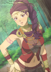  1girl absurdres alternate_costume arm_tattoo blurry blurry_background braid breasts brown_eyes circlet cleavage drop_earrings earrings eyeshadow facial_tattoo fire_emblem fire_emblem:_three_houses forest hand_on_own_hip highres jewelry large_breasts lens_flare long_hair looking_at_viewer makeup nature navel nintendo o-ring o-ring_top petra_macneary pink_eyeshadow ponytail purple_hair tak0baka tattoo  rating:Sensitive score:3 user:danbooru
