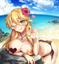 1girl ;q ahoge alternate_costume anchor_necklace arm_support ass bangle beach bent_over between_breasts bikini bikini_bottom_only black_ribbon blonde_hair blue_eyes bracelet breasts butt_crack censored censored_nipples cleavage closed_mouth collarbone convenient_censoring fellatio_gesture fisheye glint hair_over_breasts head_tilt heart heart_ahoge heart_censor horizon iowa_(kancolle) jewelry kantai_collection large_breasts long_hair looking_at_viewer mika_(1020mk) necklace ocean one_eye_closed pearl_bracelet pendant raised_eyebrows ribbon rock shiny_skin side-tie_bikini_bottom sidelocks smile solo star-shaped_pupils star_(symbol) striped_bikini striped_bikini_bottom striped_clothes suggestive_fluid sweat swimsuit symbol-shaped_pupils tongue tongue_out topless water wristband rating:Questionable score:15 user:danbooru