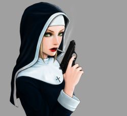  1girl cigarette cross green_eyes grey_background gun habit handgun jimno lipstick looking_at_viewer makeup miss_catherina nun one_piece pocket_pistol red_lips simple_background solo walther walther_ppk weapon  rating:Sensitive score:29 user:dfgr