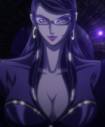  1girl bayonetta bayonetta:_bloody_fate bayonetta bayonetta_(series) black_hair breasts earrings glasses highres jewelry large_breasts long_hair screencap smile solo stitched third-party_edit  rating:Sensitive score:51 user:arutos