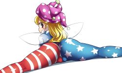 1girl american_flag_dress american_flag_legwear ass blonde_hair cameltoe cleft_of_venus clownpiece fairy_wings hat itatatata jester_cap long_hair looking_at_viewer looking_back lying on_stomach pantyhose polka_dot purple_hat red_eyes short_sleeves simple_background solo split spread_legs star_(symbol) star_print striped touhou white_background wings  rating:Questionable score:73 user:danbooru