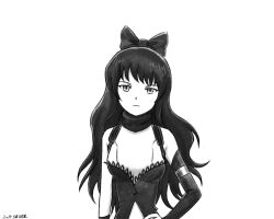  1girl artist_name asymmetrical_sleeves bare_shoulders blake_belladonna bow commentary dated detached_sleeves english_commentary expressionless greyscale hair_bow hand_on_own_hip head_tilt long_hair looking_at_viewer monochrome rwby saver_(artbysaver) simple_background solo uneven_sleeves upper_body 