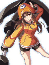 1girl anchor arm_behind_head arm_up backpack bag bike_shorts black_gloves black_shorts brown_eyes brown_hair dokkanohukukaityou fingerless_gloves gloves guilty_gear guilty_gear_strive hat heart heart_tattoo highres holding holding_weapon hood hoodie jacket long_hair may_(guilty_gear) open_mouth orange_hat orange_hoodie orange_jacket shorts simple_background skull_and_crossbones smile solo tattoo thighs weapon white_background