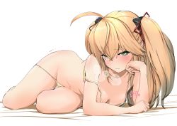  1girl absurdres admiral_hipper_(azur_lane) azur_lane blonde_hair bra bra_slip curvy green_eyes heart heart-shaped_pupils heavy_breathing highres looking_at_viewer lying mole mole_under_eye navel on_stomach p.i.t.d panties panty_slip seductive_smile short_twintails smile solo symbol-shaped_pupils twintails underwear white_background 