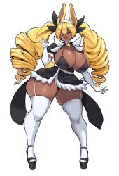  1girl :d animal_ears black_bra bra breasts dark-skinned_female dark_skin drill_hair elbow_gloves full_body garter_straps gloves highres huge_breasts long_hair maid_headdress open_mouth original rabbit_ears rabbit_girl rabbit_tail simple_background skindentation smile solo standing tail the_con thick_thighs thighs twin_drills underwear waving white_background white_gloves whtie_thighhighs wide_hips yellow_eyes 