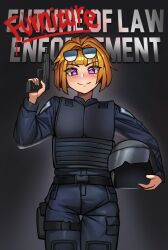 1girl absurdres buckle bulletproof_vest chance8000 commission commissioner_upload english_text eyewear_on_head girls&#039;_frontline grizzly_mkv_(girls&#039;_frontline) gun handgun helmet highres holding holding_helmet holster lar_grizzly_win_mag non-web_source orange_hair police police_uniform purple_eyes robocop smile snap-fit_buckle spray_paint sunglasses thigh_holster uniform weapon