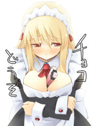 1girl blonde_hair blush breasts_squeezed_together breasts cleavage gift holding holding_gift huge_breasts jirou_(chekoro) maid original red_eyes solo valentine rating:Questionable score:7 user:danbooru