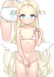  1girl ass bikini blonde_hair blue_archive blue_eyes blue_halo blush closed_mouth commentary_request covering_crotch covering_privates cowboy_shot flat_chest forehead groin halo highres loli long_hair looking_at_viewer micro_bikini mini_wings multiple_views navel nipple_slip nipples ozu_yugurou panties print_panties simple_background smile sora_(blue_archive) swimsuit two_side_up underwear very_long_hair white_background white_bikini white_panties white_wings wings 