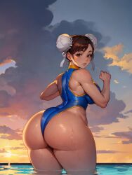 1girl ai-assisted ass ass_focus back boylurker breasts brown_eyes brown_hair bun_cover capcom chun-li curvy double_bun dripping from_behind hair_bun highleg highleg_swimsuit highres huge_ass large_breasts lips looking_at_viewer looking_back parted_lips pool solo street_fighter sunset swimsuit thick_thighs thighs toned water wet wide_hips  rating:Questionable score:81 user:GGLash