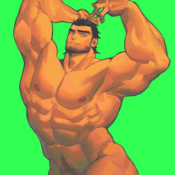  1boy abs absurdres adam&#039;s_apple armpits arms_up bad_tag baimeme bara beard come_hither cowboy_shot facial_hair full_beard green_background highres large_pectorals looking_at_viewer male_focus male_pubic_hair mature_male muscular muscular_male navel navel_hair nipples original pectorals penis_out_of_frame pubic_hair seductive_smile short_hair smile solo standing stomach thick_eyebrows thick_neck thick_thighs thighs tsurime 