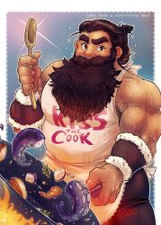  1boy apron bara beard belly chest_hair_peek cooking cowboy_shot dark-skinned_male dark_skin dungeon_meshi dwarf facial_hair flipping_food food frying_pan hair_bun hairy highres holding holding_frying_pan holding_ladle huge_eyebrows kiss_the_cook ladle large_hands long_beard looking_at_viewer male_focus molly_artwork mustache pectorals raised_eyebrow senshi_(dungeon_meshi) sidepec single_hair_bun sleeveless solo sparkle sparkling_aura sparse_arm_hair standing sweat tentacles thick_chest_hair thick_mustache very_sweaty wok 