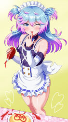  1boy :&gt; alternate_costume androgynous apron aqua_eyes aqua_hair bare_legs bare_shoulders blue_eyes choker crossdressing dress food_in_mouth gradient_hair happy heart highres ketchup ketchup_bottle licking_lips light_blush long_hair maid maid_apron maid_headdress miniskirt multicolored_hair naughty_face nozomi_aino official_alternate_costume ribbon shiny_skin short_twintails simple_background skirt smile standing taimanin_(series) taimanin_rpgx tongue tongue_out trap twintails two-tone_hair wide_hips yellow_background yokuwakarun 