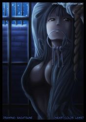  1girl artist_name barred_window bars black_hair bound bound_arms breasts brown_eyes cleavage close-up collaboration colorized east_blue high_collar jumpsuit key large_breasts law67 long_hair mouth_hold nico_robin night no_bra one_piece open_clothes prison prisoner rope sagatsune snow solo tied_up unzipped upper_body watermark web_address 