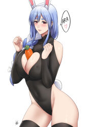  1girl animal_ear_fluff animal_ears ara_ara between_breasts black_bodysuit black_thighhighs blue_hair blush bodysuit braid braided_ponytail breasts carrot cleavage cleavage_cutout clothing_cutout covered_erect_nipples covered_navel heart heart_cutout highres hololive leotard long_hair looking_at_viewer mature_female multicolored_hair pekomama rabbit-shaped_pupils rabbit_ears rabbit_girl rabbit_tail red_eyes single_braid solo speech_bubble spoken_heart streaked_hair symbol-shaped_pupils tail thick_eyebrows thighhighs two-tone_hair virtual_youtuber white_hair xter 