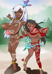 2girls :d black_hair breasts brown_eyes cleft_of_venus collarbone dark-skinned_female dark_skin day height_difference highres huge_breasts j7w j7w_village jewelry large_areolae long_hair multiple_girls navel necklace nipples nude open_mouth oppai_loli original outdoors pussy shiny_skin sky smile standing sweat tattoo teeth tribal uncensored upper_teeth_only white_hair rating:Explicit score:32 user:Domestic_Importer