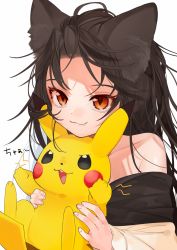 1girl animal_ears artist_name bad_id bad_pixiv_id bare_shoulders brown_hair collarbone commentary_request creatures_(company) dated dress fang fingernails forehead game_freak gen_1_pokemon gotou_(nekocat) highres holding imaizumi_kagerou long_hair looking_at_viewer messy_hair nintendo off-shoulder_dress off_shoulder pikachu pokemon pokemon_(creature) red_eyes simple_background smile touhou upper_body white_background wolf_ears  rating:Sensitive score:1 user:danbooru