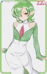  1girl artist_name clothing_cutout creatures_(company) dress game_freak gardevoir gen_3_pokemon green_hair hair_over_one_eye highres looking_at_viewer medium_hair nintendo personification pink_eyes pointy_ears pokemon pokemon_(creature) rhoarietis shoulder_cutout simple_background white_dress 