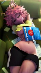  1girl 3d ashido_mina black_sclera boku_no_hero_academia book breasts colored_sclera colored_skin couch female_pubic_hair greatm8 highres horns large_breasts lying navel on_back pink_hair pink_skin pubic_hair seductive_smile shirt short_hair short_sleeves shorts smile solo stomach thighs underboob yellow_eyes yellow_shirt  rating:Questionable score:219 user:JustHere4Butts