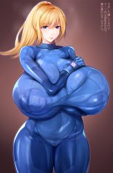  1girl blonde_hair blue_bodysuit blue_eyes bodysuit breasts curvy gigantic_breasts highres hiiaru impossible_bodysuit impossible_clothes large_areolae long_hair metroid nintendo plump ponytail samus_aran skin_tight solo thick_thighs thighs translated zero_suit  rating:Questionable score:121 user:animeboy12