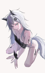  1girl animal_ear_fluff animal_ears aqua_eyes arknights arm_support backlighting bound bound_arms breasts breasts_apart collarbone commentary completely_nude eyeliner from_above from_side full_body grey_background grey_hair grey_tail grin hair_between_eyes hair_ornament hairclip half-closed_eyes highres kneeling lappland_(arknights) leaning_forward legs long_hair looking_at_viewer looking_to_the_side looking_up makeup material_growth medium_breasts messy_hair nude oripathy_lesion_(arknights) pale_skin parted_lips red_eyeliner scar scar_across_eye scar_on_face shade shadow simple_background smile solo tail teeth tflop_(tea_flop) thighs very_long_hair wolf_ears wolf_girl wolf_tail 