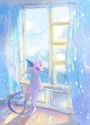  animal_focus bright_pupils creatures_(company) curtains espeon forehead_jewel full_body game_freak gen_2_pokemon highres indoors light_particles looking_outside nintendo no_humans ocean open_mouth pokemon pokemon_(creature) purple_eyes solo split_tail volpecorvo white_pupils window 
