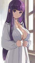  1girl blunt_bangs breasts buttons cleavage cut_bangs dress fern_(sousou_no_frieren) highres indoors large_breasts long_hair looking_at_viewer purple_eyes purple_pupils solo sousou_no_frieren straight_hair undressing window zefrableu  rating:Questionable score:37 user:danbooru