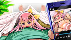  1boy 1girl bad_id bad_pixiv_id bar_censor barefoot blanket blush bow bulge buttons cellphone censored chipokan cum erection erection_under_clothes fairy flat_chest girl_on_top hair_bow hetero highres koonago loli long_hair looking_at_viewer looking_up lying mini_person minigirl nipples nude open_mouth penis personification phone pink_hair pov purple_eyes screen sex size_difference smile solo_focus stomach_bulge stuffed_animal stuffed_toy tipokan under_covers vaginal wavy_mouth yellow_bow 