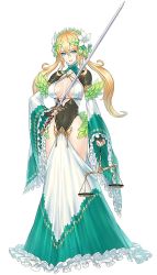  1girl blonde_hair breasts bridal_gauntlets cleavage_cutout clothing_cutout dress eliza_luminaria flower flower_on_head green_dress green_eyes hair_flower hair_ornament langrisser langrisser_tri-swords large_breasts long_hair looking_at_viewer master_of_luminaria_kingdom nidy non-web_source official_art rapier revealing_clothes simple_background sword twintails weapon weighing_scale white_background  rating:Questionable score:22 user:danbooru