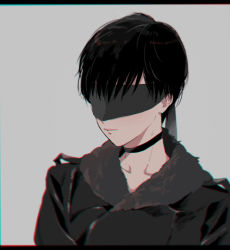  1boy android black_coat black_hair blindfold character_request choker coat collar fur_collar fur_trim grey_background nier_(series) nier:automata 9s_(nier:automata)  rating:Sensitive score:2 user:The_Silver_Prince
