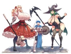  1boy 2girls alain_(unicorn_overlord) alternate_body_size alternate_breast_size alternate_height armor blonde_hair blue_eyes blue_hair breasts cleavage cloak curvy drill_hair fake_horns gauntlets gigantic_breasts green_cloak green_hair hat holding holding_weapon horned_headwear huge_breasts licking_lips multiple_girls n647 narrow_waist o-ring_strap revealing_clothes scarlett_(unicorn_overlord) simple_background size_difference skirt sweater thick_thighs thighhighs thighs tongue tongue_out turtleneck turtleneck_sweater unicorn_overlord weapon white_background witch witch_hat yahna_(unicorn_overlord) 