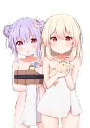  2girls _toy ahoge bare_arms bare_shoulders blonde_hair blush chestnut_mouth closed_mouth collarbone cowboy_shot double_bun eyelashes flat_chest genshin_impact gradient_hair hair_between_eyes hair_bun hands_up holding holding_stuffed_toy holding_towel klee_(genshin_impact) looking_at_viewer medium_hair multicolored_hair multiple_girls naked_towel open_mouth pink_eyes pointy_ears purple_hair qiqi_(genshin_impact) red_eyes simple_background smile standing straight-on stuffed_toy towel tutsucha tutsucha_illust white_background white_towel 